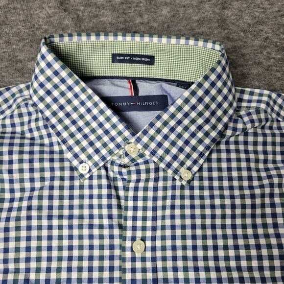 Tommy Hilfiger Mens Size M Checkered Long Sleeve Button Down Blue Green Shirt - Picture 3 of 14
